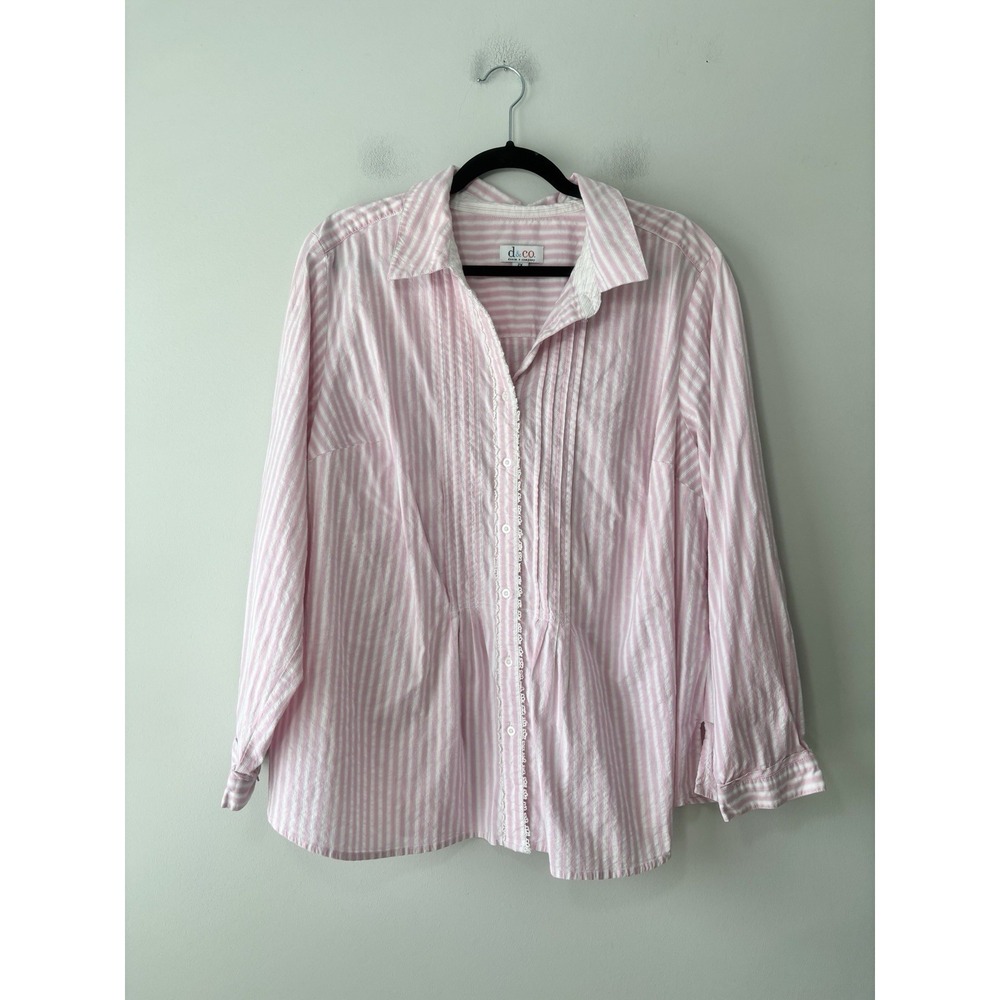 Denim & Co. Women's Pink Striped Long Sleeve Cotton Blend Button-Down Top Sz 2X